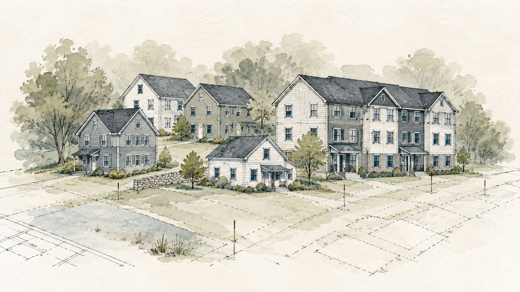Architectural rendering of a planned residential neighborhood with houses, landscaping, and a site plan sketch in the foreground